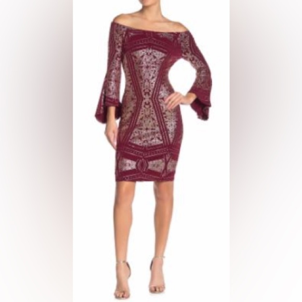 Jump Apparel Size XXL Burgundy & Gold Off The Shoulder Bell Sleeve Dress